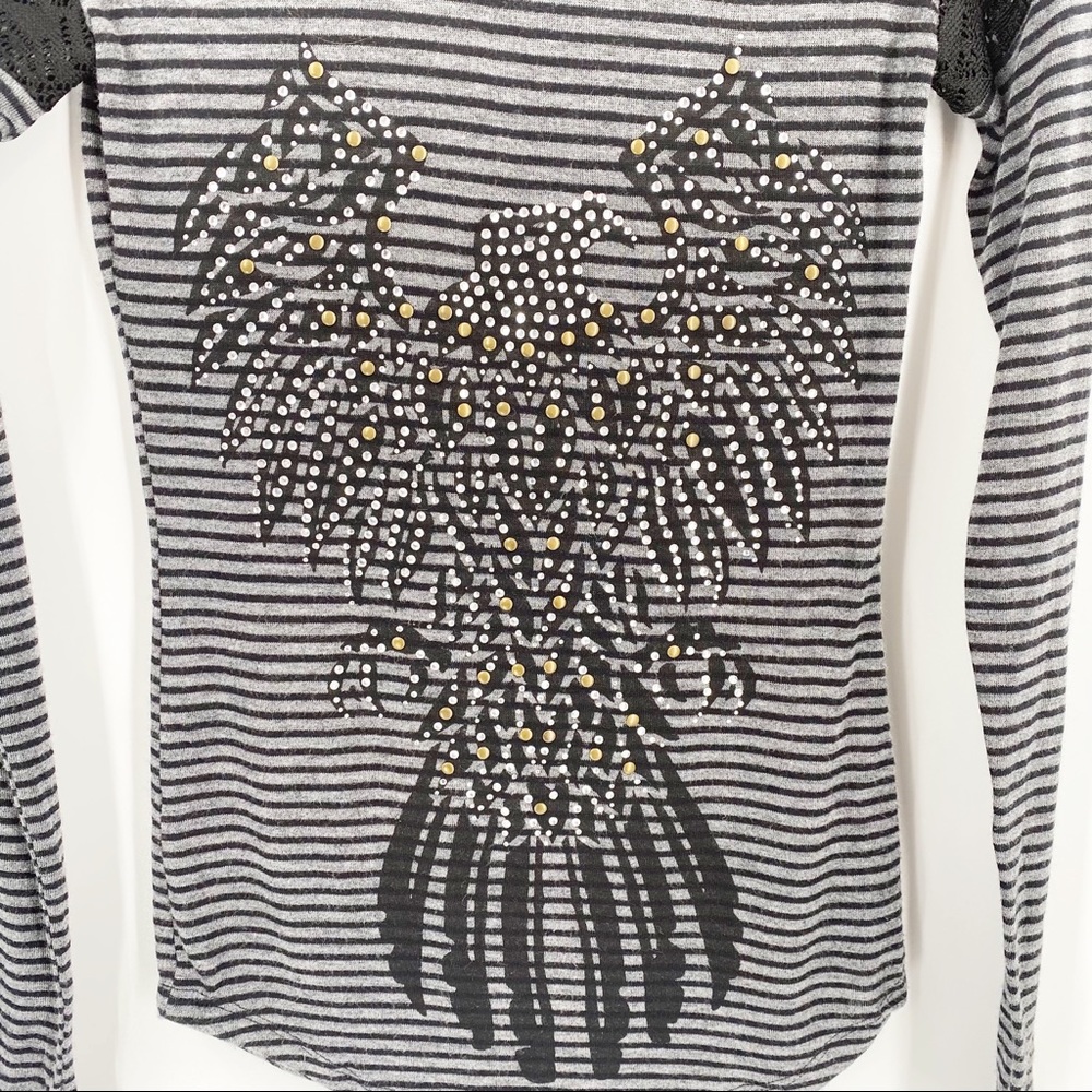 Daytrip Long Sleeve Eagle Embellished Top Black Lace Accent Shoulders XS - Picture 2 of 7